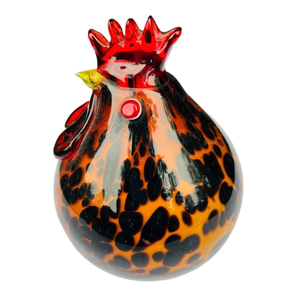 Art Glass Rooster Figure Leopard Pattern Black & Gold 6" × 4 1/2"